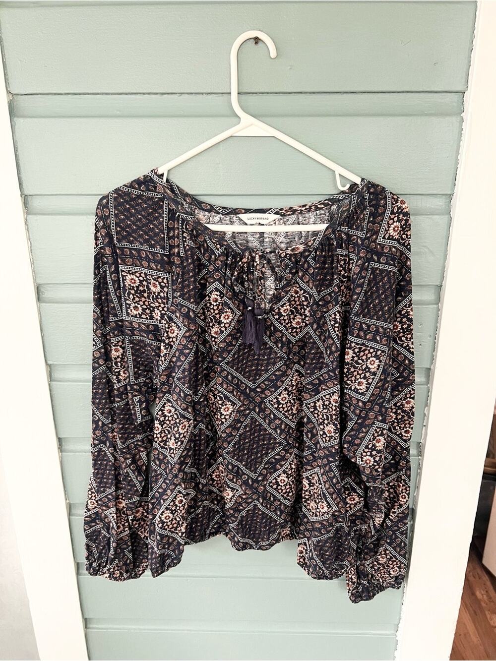 Lucky brand blue floral printed long sleeve blouse cotton size XL bohemian boho